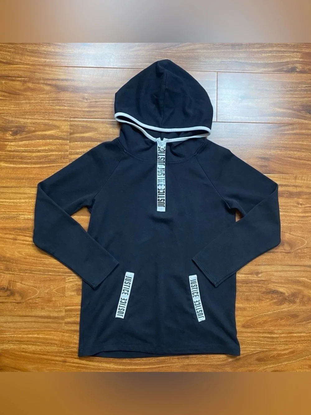3/$25 Justice Girls Black White Logo Hooded Sweatshirt Size 12 Casual Sporty